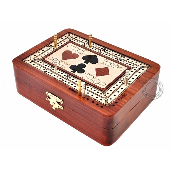 House of Cribbage - 2 Track - Wooden Cribbage Board/Box - Inlaid in Bloodwood/Maple Wood - Storage for Pegs & One Deck of Cards - 60 Points - Non Continuous