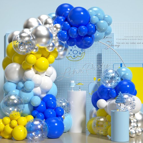 Blue and Yellow Balloon Arch Kit 140 PCS Royal Blue White Silver Balloon Garland Kit Pastel Blue Party Balloons for Birthday Baby Shower Party Decor