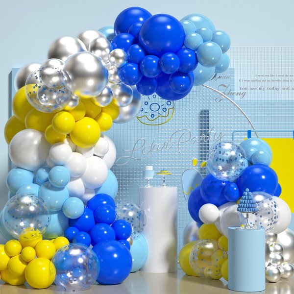 Blue and Yellow Balloon Arch Kit 140 PCS Royal Blue White Silver Balloon Garland Kit Pastel Blue Party Balloons for Birthday Baby Shower Party Decor