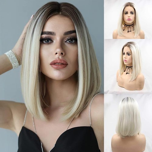 xiweiya Short Platinum Blonde Synthetic Lace Front Wigs with Light Roots White Blonde Bob Lace Front Wig Natural Hairline Hair Replacement Wig for Women 14inch