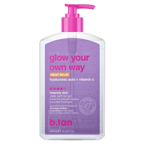 b.tan Insanely Dark Clear Self Tan Gel | Glow Your Own Way Next Level - Transfer-Resistant Sunless Tanning Gel, Vegan, Cruelty Free Self Tanner, 16 Fl Oz