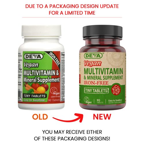 DEVA Tiny Tablets Vegan Multivitamins for Women & Men, Multivitamin Iron Free, Mineral Supplement, Vitamin C, Vitamin B Complex, Vitamin B12, Vitamin E, Zinc, Gluten Free (2 Pack - 90 Tablets Ea)