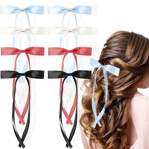 Hair Ribbon 8PCS, Long Soild Satin Hair Ribbon, Hair Bows for Women Girls Ponytail Holder Alligator Clips Hair Barrettes Hair Ribbon Hair Bows Clips 4Colors