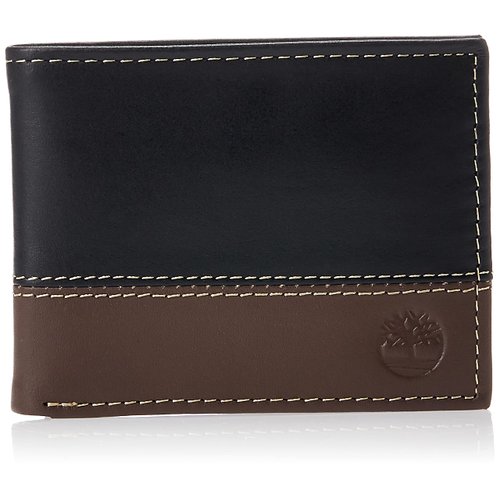 Timberland Men's Leather Passcase Trifold Wallet Hybrid, Black/Cognac, One Size