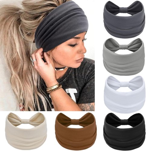AWUMBUK Wide Headbands for Women Knotted No Slip Head Bands Soft Turban Headband Hair Accessories Boho African Solid Color Head Wraps for Women Yoga Workout Pack of 6(Classic)