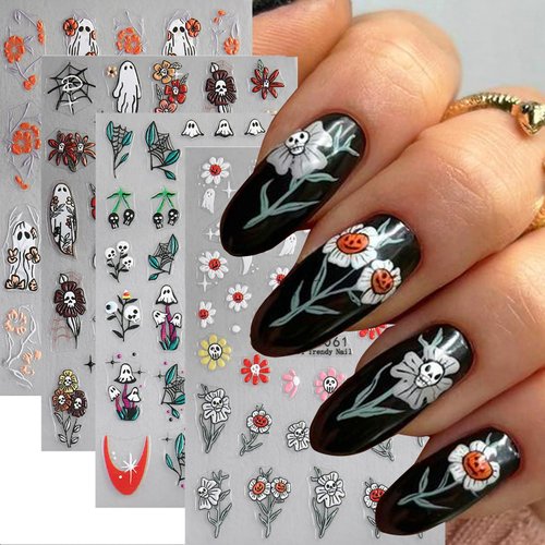 4PCS Halloween Nail Art Stickers Cute Ghost Nail Decals 3D Self-Adhesive Ghost Flower Spider Net Nail Art Design Sticker Halloween DIY Manicure Charms for Women Girls