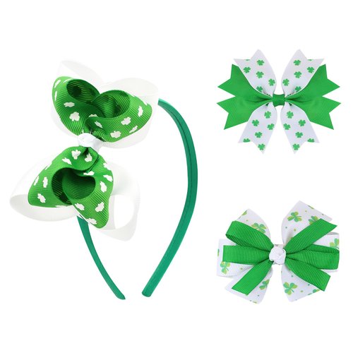 Lucky Shamrock Hair Clips Double Bow Headband Headdress Green Clover Handmade Grosgrain Ribbon Bows St. Patrick's Day Irish Revelry Party Hair Accessories for Women Girl 3Pcs