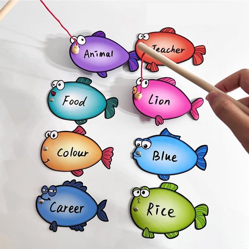 Lachilly Magnetic Fishing Game for Kids Toddlers, Double Sides Dry Erasable Fish Cards, Montessori Educational Toys, DIY Sight Words Dolch Word Teaching Aids, Kindergarten Primary School, 16 Cards