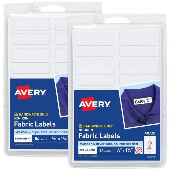 Avery No-Iron Fabric Labels, 1/2" x 1-3/4", Washer and Dryer-Safe, White, Non-Printable, 54 Labels Per Pack, 108 Blank Labels Total (2-Pack of 40720)