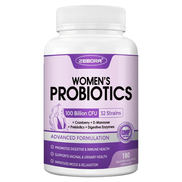 ZEBORA Probiotics for Women Digestive Health with Enzymes, Prebiotics, Vaginal Probiotics, D Mannose & Cranberry, 100 Billion CFUs Probiotic for Gut Health & Urinary Tract Balance, 180 Veggie Capsules