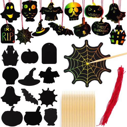 ArtCreativity Halloween Crafts (Bulk) - Scratch Art for Kids, 60 Sets with 60 Designs, 60 Sticks & Red Strings - Magic Colorful Scratch Art Party Favors, DIY Activity for Kids Classroom Decoration