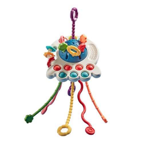 Baby Pull String Toy Sensory 6 Ropes Montessori Early Development Rattle, Motor Fine Skills Travel Toys with Activity Buttons Press Hand Coordination, Color Cognition Toddler (Octopus)