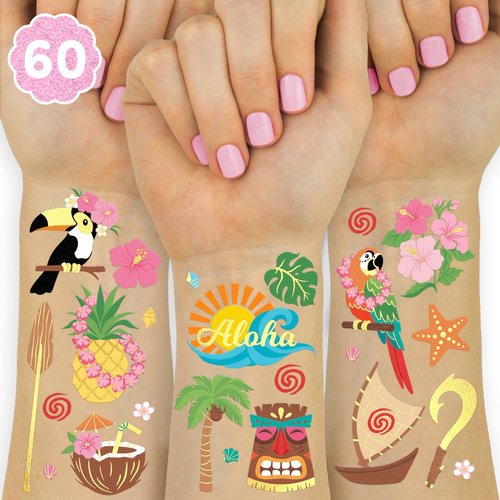 xo, Fetti Tropical Island Temporary Tattoos - 60 Gold Foil Pcs | Hawaiian Birthday Accessory, Bachelorette Luau Party Favor, Cute Kids Activity