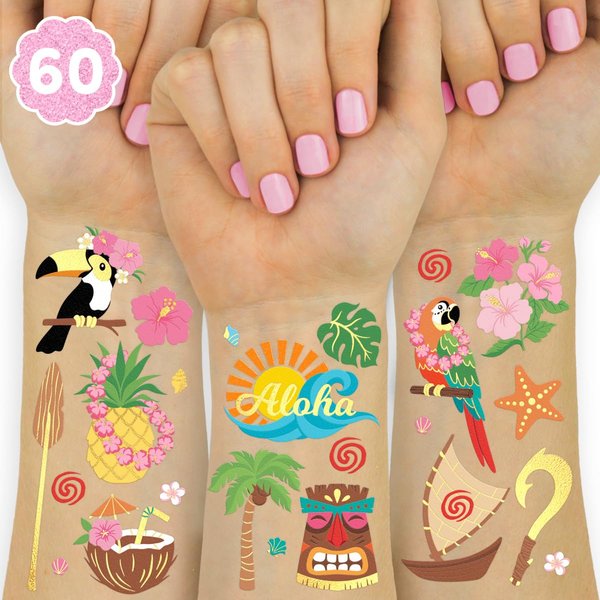 xo, Fetti Tropical Island Temporary Tattoos - 60 Gold Foil Pcs | Hawaiian Birthday Accessory, Bachelorette Luau Party Favor, Cute Kids Activity