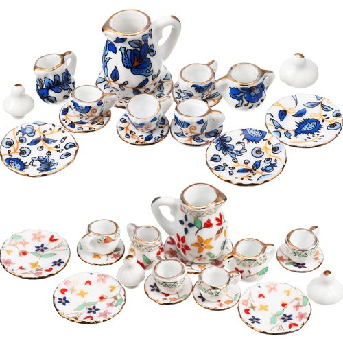 Geiserailie 2 Set 1:12 Dollhouse Miniature Porcelain Tea Cup 30 Pieces Mini Flowers Pattern with Golden Trim Teapot Cup Plate Dollhouse Kitchen Accessories (Charming Style)