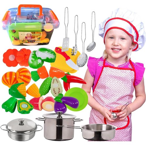 FUNERICA Toddler Kitchen Accessories Playset with Cutting Food Vegetables and Stainless-Steel Play Pots - Pretend Kids Cooking Utensils - Apron & Chef Hat - Toy Knife & Cutting Board for Girls & Boys