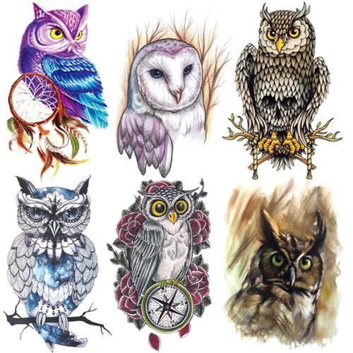 Oottati 6 Sheets 21x15cm Old School Colorful Owl Bubo Arm Fake Temporary Tattoos Stickers