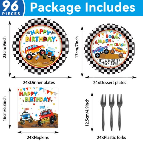 Monster Truck Party Tableware Set Monster Truck Plates and Napkins Monster Truck Party Supplies Decorations for Kids Boys Monster Truck Theme Birthday party Supplies Serves 24