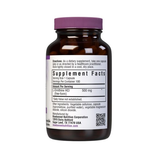 Bluebonnet Nutrition L-Ornithine 500mg, Free-Form Amino Acid, for Healthy Protein Metabolism*, Soy-Free, Gluten-Free, Non-GMO, Kosher Certified, Vegan, 100 Vegetable Capsules, 100 Servings