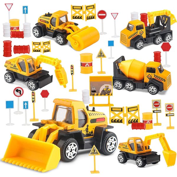 TOY Life 28 PCS Construction Toys Construction Cake Topper, Small Construction Vehicles, Sandbox Toys for Boys, Small Construction Car Truck Excavator Toys Construction Party Favors Gifts for Boys