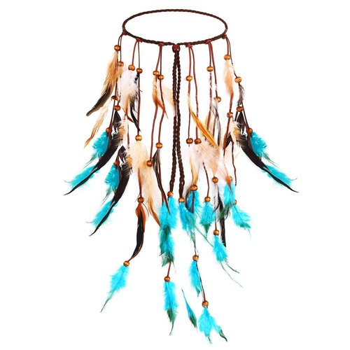 GORTIN Boho Feather Headband Hippie Headpiece Black Gypsy Costume Headdress Bohemian Headbands Indian Festival Feather Headwear Hair Accessory for Women and Girls (A-Blue+Brown)