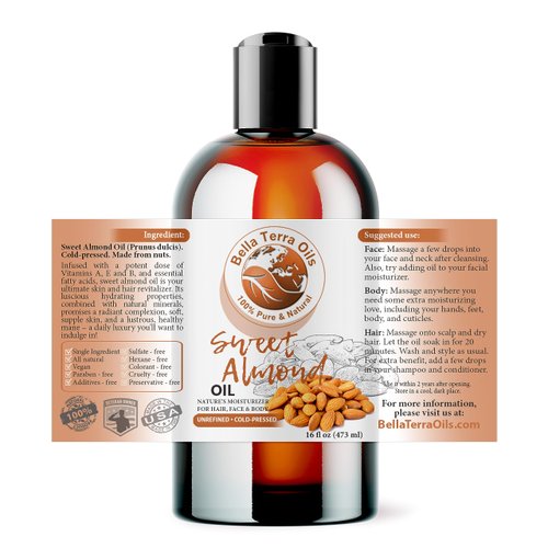 Bella Terra Oils - Organic Sweet Almond Oil 16oz - Purity Meets Luxury with Almond’s Vitamin B & Minerals, Cold-Pressed Elixir for Mesmerizing Skin