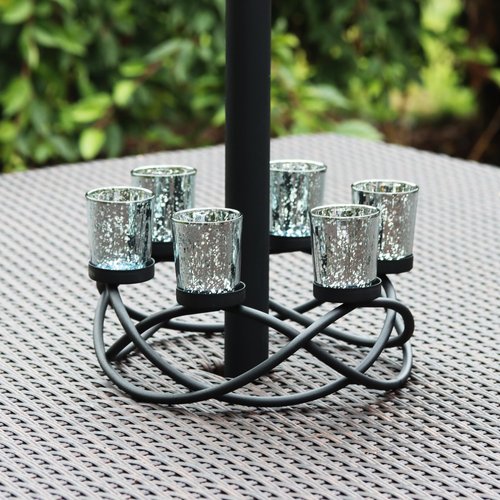 Seraphic Iron Round Table Decor Centerpiece Decorations Candle Holder for Weddings, Outdoor Patio, Kitchen, Dining Room, and Coffee Tables, Glass Votive Tealight Holders, Black, 6 Silver Cups