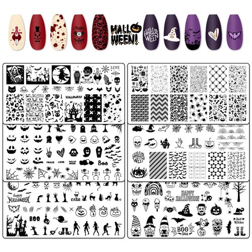 Hying 6pcs Halloween Nail Art Stamping Plates for Women Nail Art, Stainless Steel Jack-o'-Lantern Skull Nail Plates Template Set for DIY Halloween Decoration Spooky Spiderweb Stamp Templates Kit