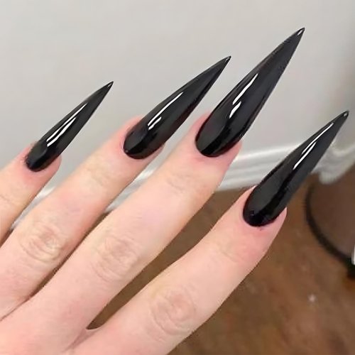 24 Pcs Black Press on Nails Long Stiletto Solid Color Fake Nails Sharp Pointed Reusable Glossy Acrylic Nails Stick on Nails Full Cover Extra Long False Nails for Women Girls Manicure Nail Decoration