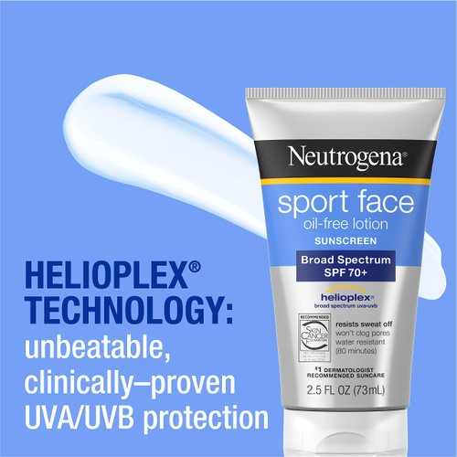Neutrogena Sport Face Sunscreen, Broad Spectrum Sunblock SPF 70+, Water Resistant Sunscreen For Face, Sweat Resistant Oil Free Sunscreen Lotion, 2.5 FL OZ
