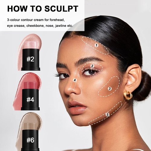 Contour Stick Makeup Set, 2024 New Face Stick Cream Blush, Bronzer Stick, Highlighter Stick for Face with Makeup Brush, Long Lasting & Natural Matte Contour Sticks for Beginner, 3 Colors #02, 04, 06