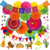 Recosis Mexico Party Decorations, Fiesta Paper Fans Pom Poms Picado Banner Pennant Garland String Hanging Swirls Decorations for Mexican Fiesta Cinco De Mayo Taco Themed Birthday Party Supplies