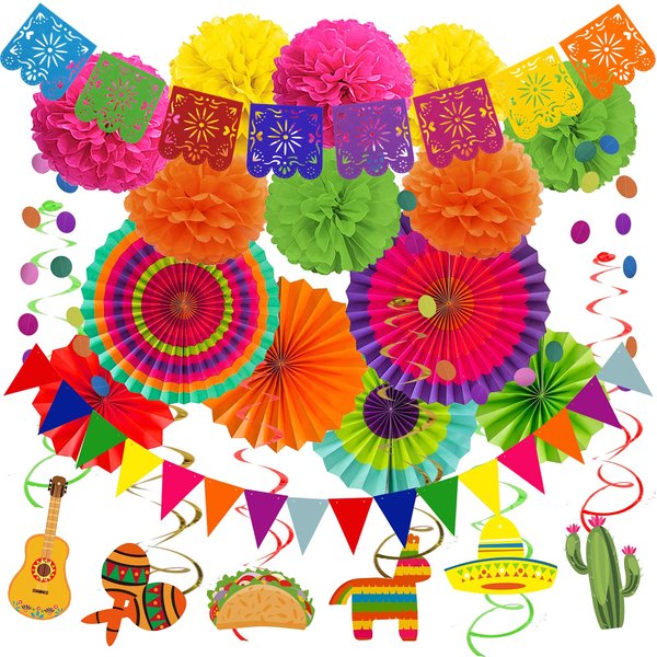 Recosis Mexico Party Decorations, Fiesta Paper Fans Pom Poms Picado Banner Pennant Garland String Hanging Swirls Decorations for Mexican Fiesta Cinco De Mayo Taco Themed Birthday Party Supplies