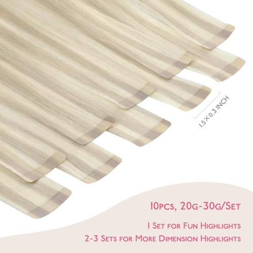 WENNALIFE Tape in Hair Extensions Human Hair Ash Blonde Highlighted Platinum Blonde Tape in Extensions, 10pcs 25g 14 inch Remy Invisible Tape Ins Straight Soft Real Human Hair Tape in Extensions