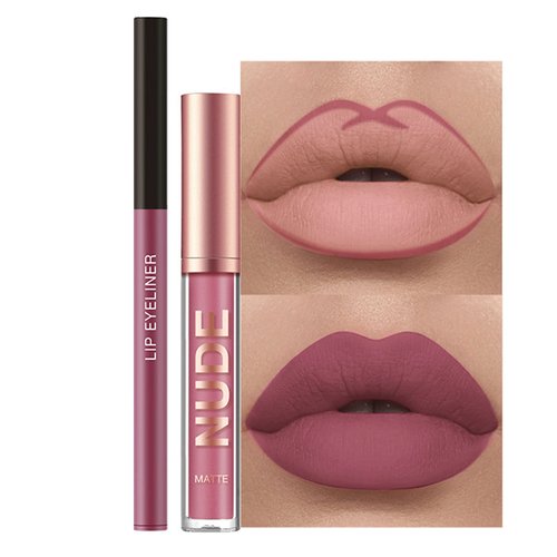 Rosarden 2Pcs Matte Lipstick and Lip Liner Set, Cream Nude Mauve Long Lasting Waterproof Lipliner Pencil & Plumper Lip Gloss, Retractable Lip Liner and Liquid Lipstick for Women Girls Lip Makeup (#02)