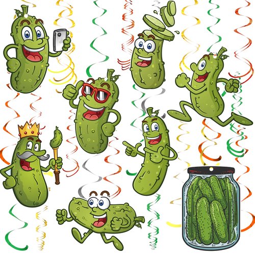 48 Pcs Pickle Party Decorations Hanging Swirls Ceiling Decor Pickle Birthday Decor Emotional Pickle Cartoon Funny Pickle Cutouts with Foil Swirl for Christmas Birthday Party Supplies