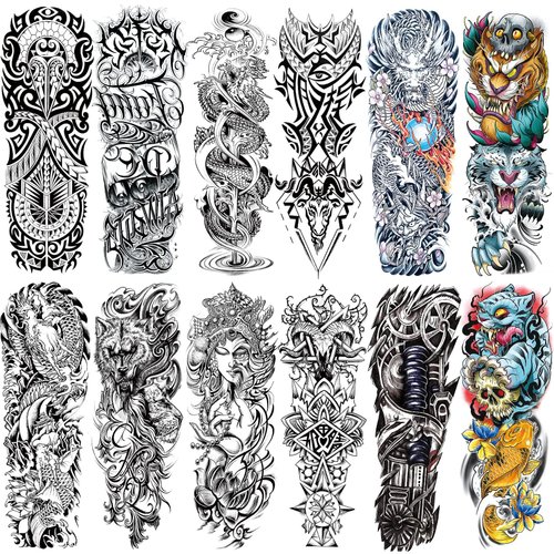 Cuteliili Full Arm Temporary Tattoo Sleeve for Men, 12 Sheets Fake Tattoos That Look Real, Tigers, Dragon, Japanese