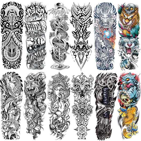 Cuteliili Full Arm Temporary Tattoo Sleeve for Men, 12 Sheets Fake Tattoos That Look Real, Tigers, Dragon, Japanese