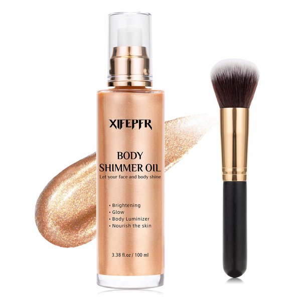 XIFEPFR Body Shimmer Oil, Rose Gold Face Brighten Glow Body Luminizer Highlighter Liquid Illuminator with Makeup Brush, Long Lasting Moisturizing Body Glitter Oil for Makeup (3.38 Fl Oz/#05)