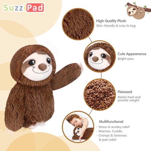 SuzziPad Microwavable Stuffed Animal, Heated Stuffed Animals Sloth Plush for Anxiety, Bedtime, Cuddle & Companion, Soreness & Pain Relief, Warmer Sloth Stuffed Animal, Sloth Gifts for Women, Brown