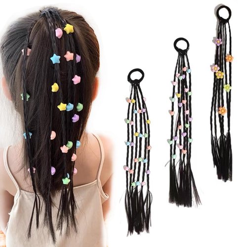 AsggBah Braids Ponytail Wigs Extensions, 3 Packs Decorated with Colored Flowers Hearts Stars & Rubber Bands, Braiding Ponytail Hair Extensions for Little Girls Kids