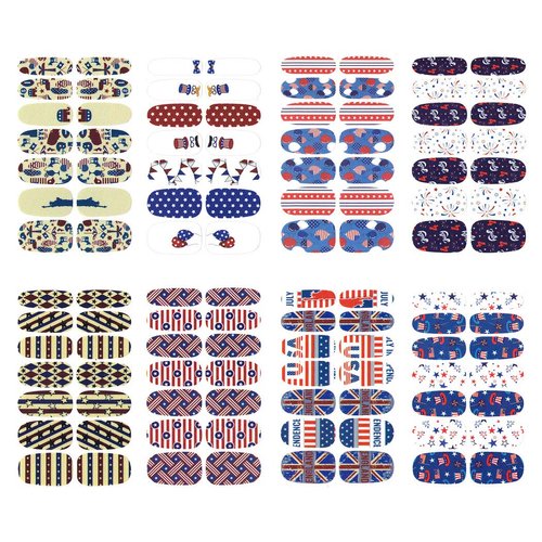 WOKOTO 16 Pcs Independence Day Nail Strips Polish Stickers Fourth of July Self Adhesive Nail Stickers Wraps for Nails Set with 1 Pc Nail File 14 Tips Per Sheet Manicure Strips