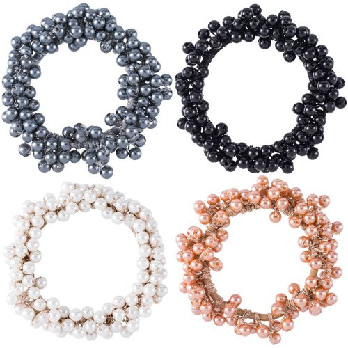 HINZIC 4PCS Pearl Hair Scrunchies Elastic Bead Hair Tie Ropes Stretchy Band Ponytail Holders Wedd...