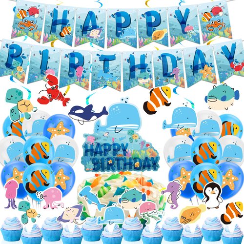 Under the Sea Party Decorations, Sea World Birthday Party Supplies Decorations, Sea World Party Supplies Includes Happy Birthday Banner, Cake Topper, Cupcake Toppers, Latex Balloons