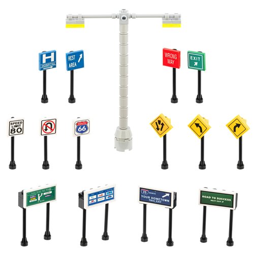 Building Toys 2 Lane Main Road Traffic Light City Town Village Street Stop Sign Bus Stop Post Box Compatible with All Major Brick Brands Educational Toy Ages 4+ 1:64 (Highway Signs)