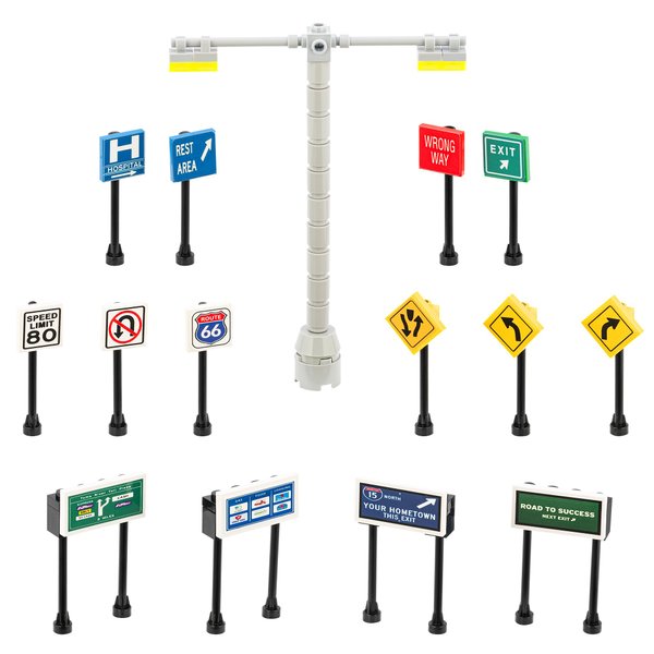 Building Toys 2 Lane Main Road Traffic Light City Town Village Street Stop Sign Bus Stop Post Box Compatible with All Major Brick Brands Educational Toy Ages 4+ 1:64 (Highway Signs)