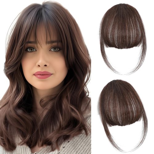 Cesomeey Clip in Bangs 100% Real Human Hair, Wispy Bangs Hair Clip, Hair Bangs Clip in Human Hair, Fake Bangs Fringe with Temples Hairpieces, Clip on Bangs for Women Daily (Medium Brown, Wispy Bangs)