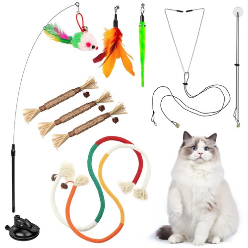 Interactive Cat Toys with Silvervine Cat Chew Toy Sets - Cat Toy for Indoor Cats Suction Cup Cat Wand Toy with Rope Cat Toys Door Hanging Kitten Toys, Detachable Feather/String/Mouse/Worm Cat Toys