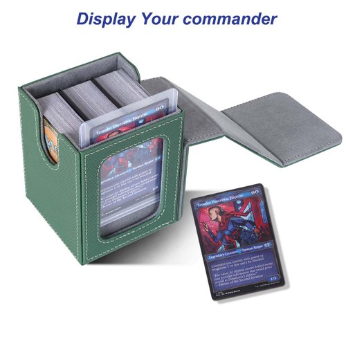 AFIING MTG Deck Box for Commander Display,Card Deck Box Fits 100 Double Sleeved Cards, Magic Commander TCG Card Storage Box with 2 Dividers,Dice Bag and 1 Toploader(Green/Grey)