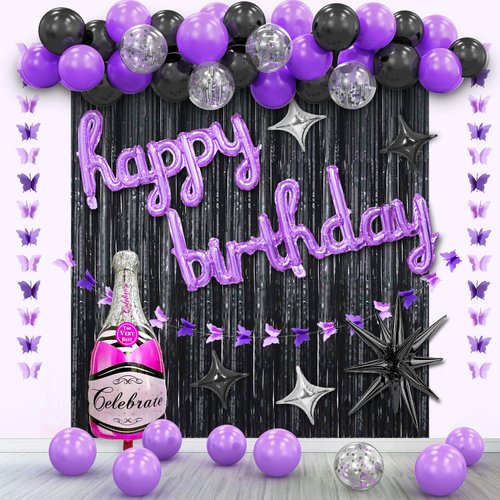 Purple Birthday Decorations for Girls Women ,Purple Black Balloon Garland Arch Kit, Happy Birthday Banner Backdrop Background, Fringe Curtains, Butterfly Birthday Party Decor Supplies.